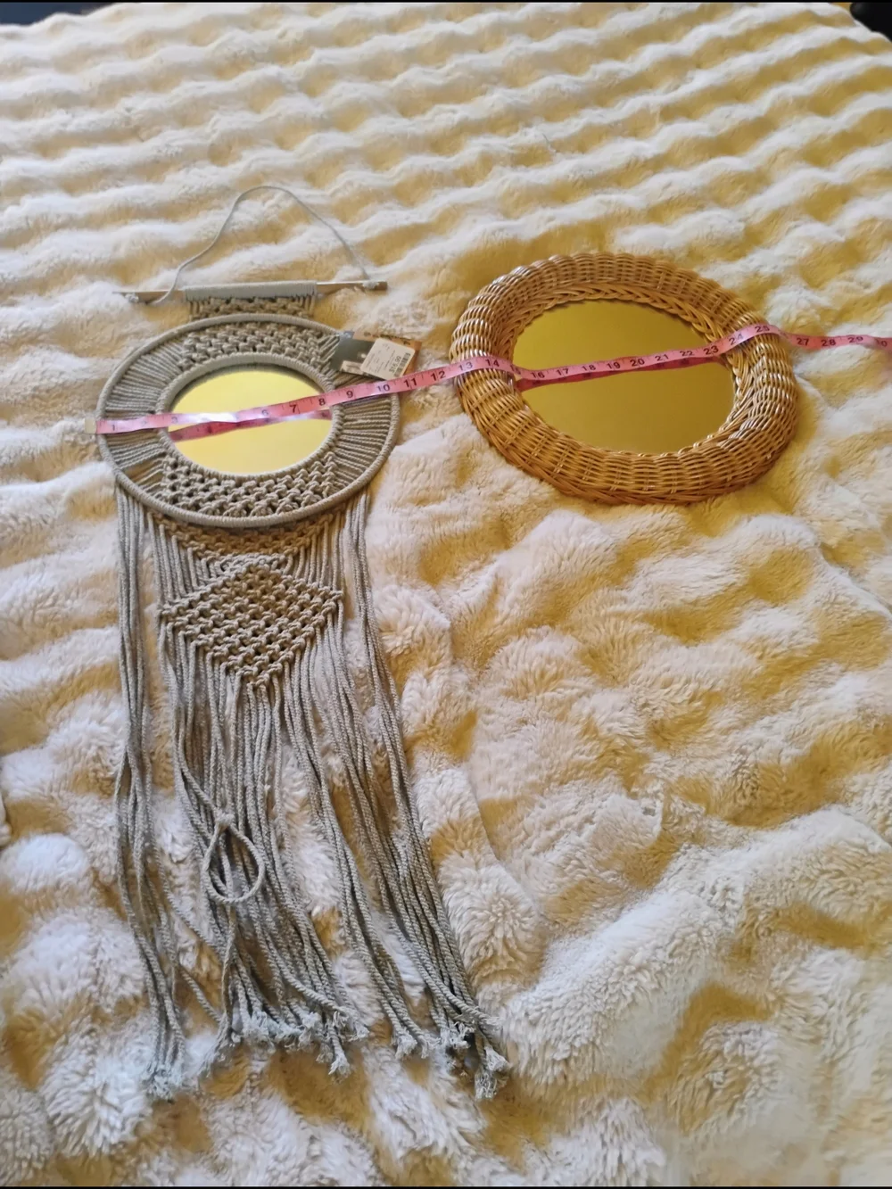 Vintage Beige Macramé Fringe Mirror and Natural Wicker Round Mirror
